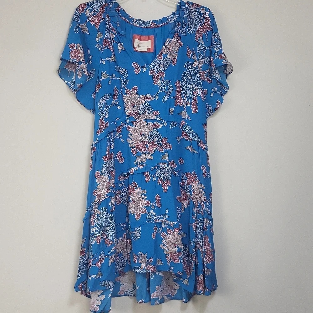 By ANTHROPOLOGIE Blue Robin Tiered Floral Mini Dress Size L - Picture 7 of 15